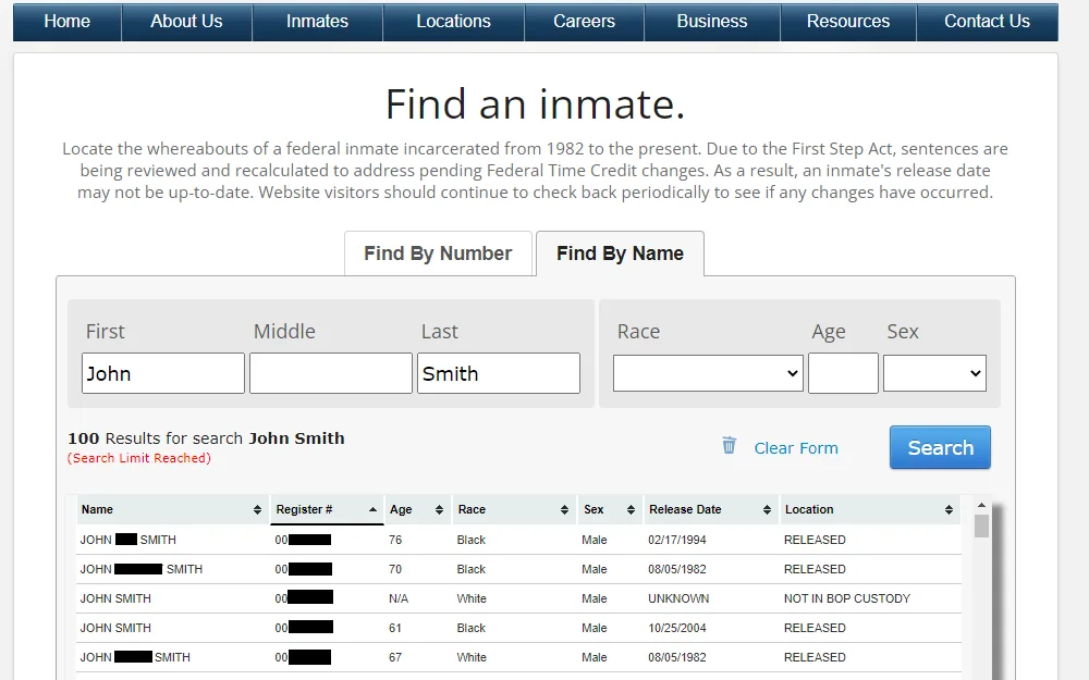 A screenshot showing a federal inmate locator provided by the Federal Bureau of Prisons with a sample result using the John Smith name to find an inmate by name.