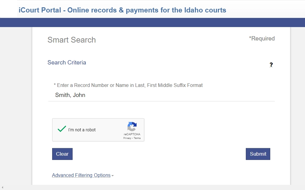 A screenshot showing a search portal for online records called Smart Search provided by iCourt for the Idaho courts.