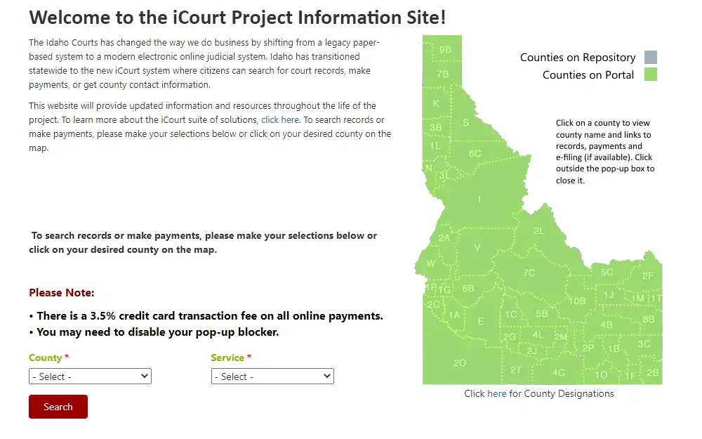 A screenshot showing the iCourt Project Information Site providing the Map of Idaho divided into its counties and a brief detail about the credit card transaction fee charged for all online payments. 