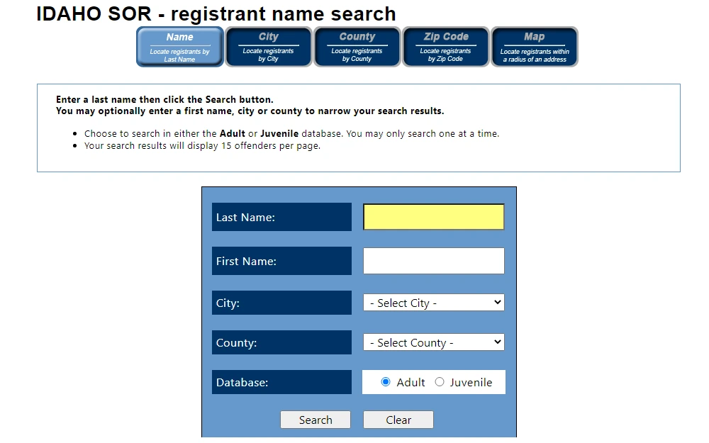 A screenshot showing the Idaho Sex Offender Registry - Registrant Name Search Tool to locate sex offenders in the state.