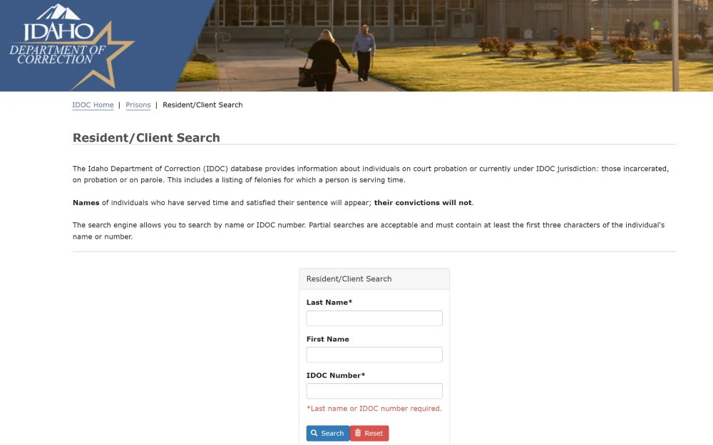 A screenshot showing the Resident/Client Search tool provided by the Idaho Department of Correction requiring last name or IDOC number to get a result.