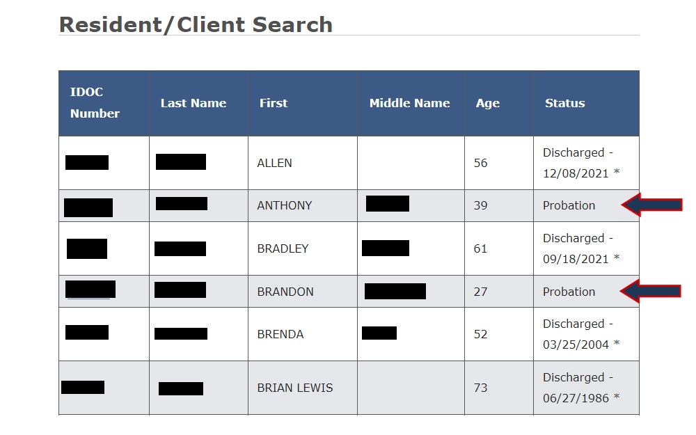 A screenshot showing a sample result from Resident/Client Search for probation record provided by the Idaho Department of Correction. 