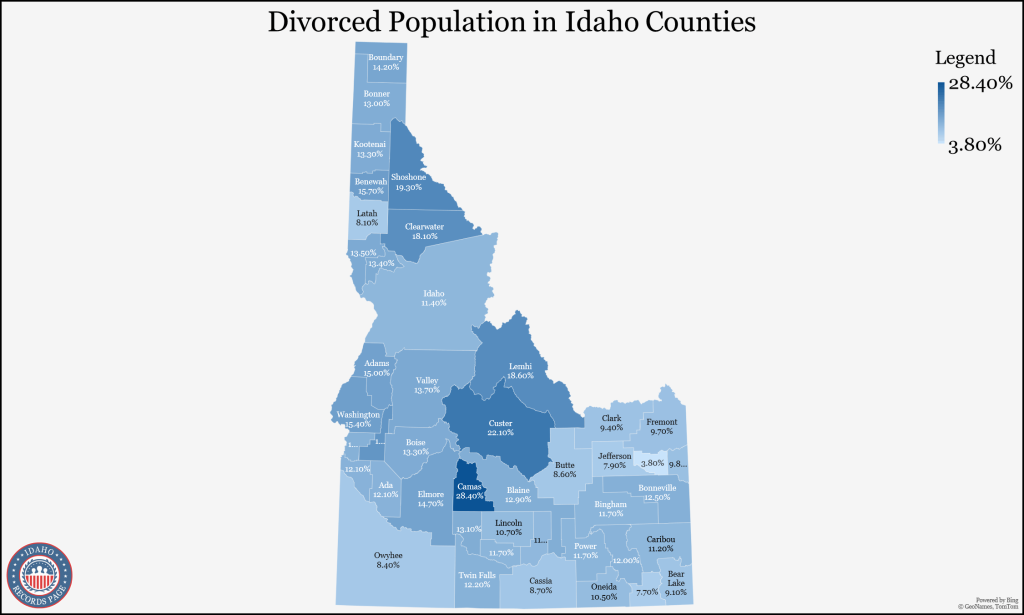 A map showing the total divorce population (5-year estimates up to 2021) of each county in Idaho based on the census data. 