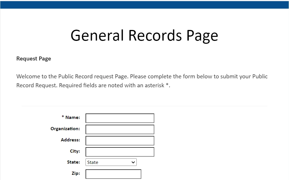 A screenshot of the online form that allows patrons to submit records requests.