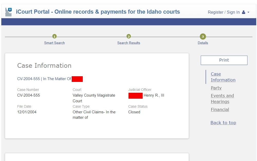 A screenshot of the search tool that can locate court records from all counties in the state.