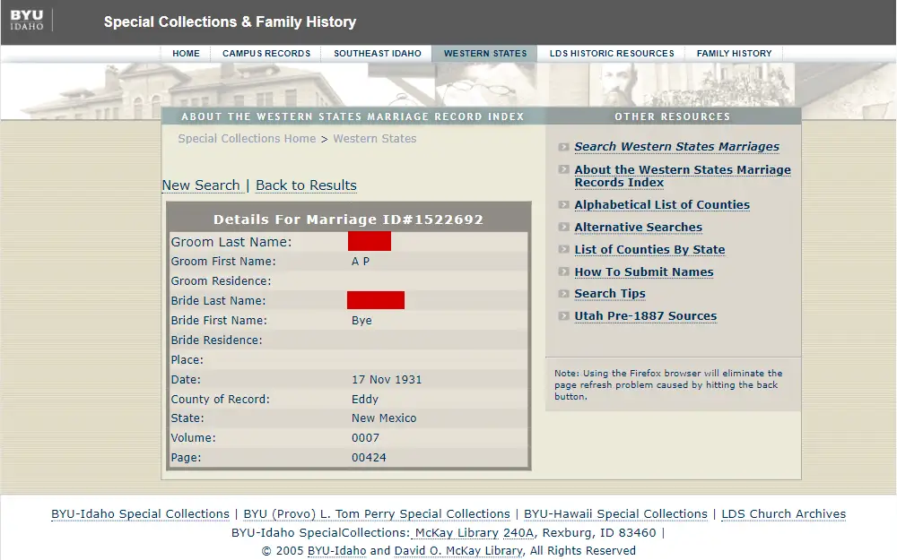 A screenshot of the search tool that is used to find weddings that took place before 1900 in the Western states.