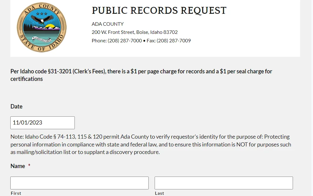 A screenshot of the online form used to request marriage documents in Ada County.