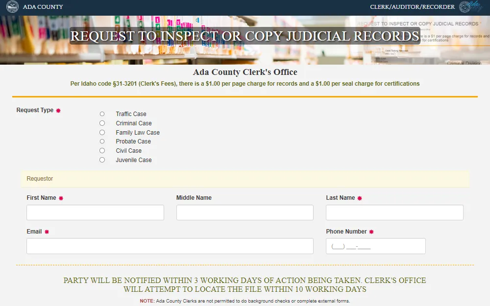 A screenshot of the online request form for divorce records in Ada County displaying the options for request type, fields for requestor information, and some brief notes.