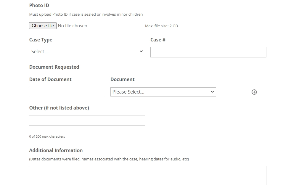 Screenshot of the court records online request form displaying fields for photo ID, case type, case number, details of the document requested, and additional information.
