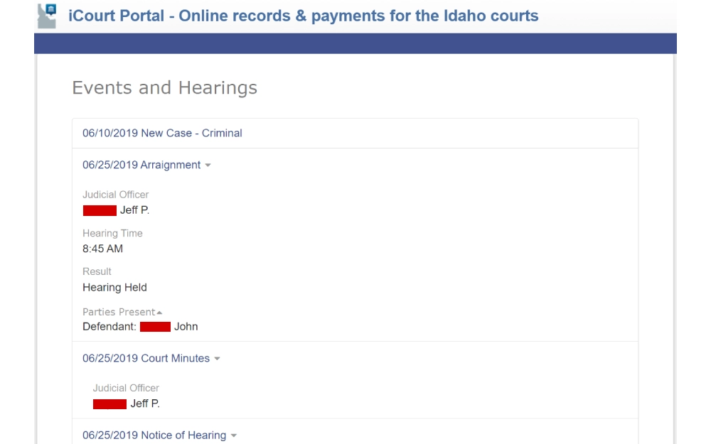A screenshot from the iCourt Portal displays a list of events and hearings for a criminal case, including dates, a judicial officer's name, hearing times, and the results.