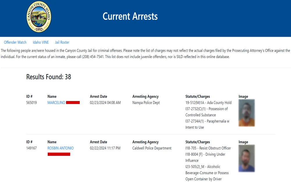 A screenshot from the Canyon County Sheriff’s Office shows a list of individuals currently housed in the Canyon County jail, detailing their identification numbers, names, arrest dates, arresting agencies, charges, and images, as presented on the county's official online platform.