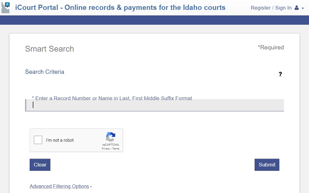 Screenshot of the iCourt search tool displaying the field for name search and an option for advanced filters.