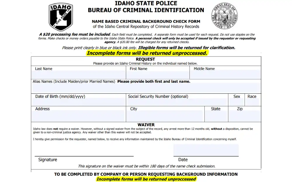A screenshot of an Idaho State Police form for requesting a name-based criminal background check, including sections for personal details and a waiver signature.