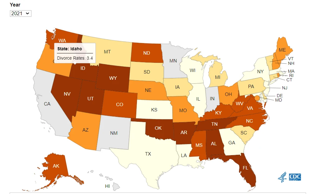 Screenshot of the interactive map of divorce rates in the United States, showing the rate in Idaho during 2021.