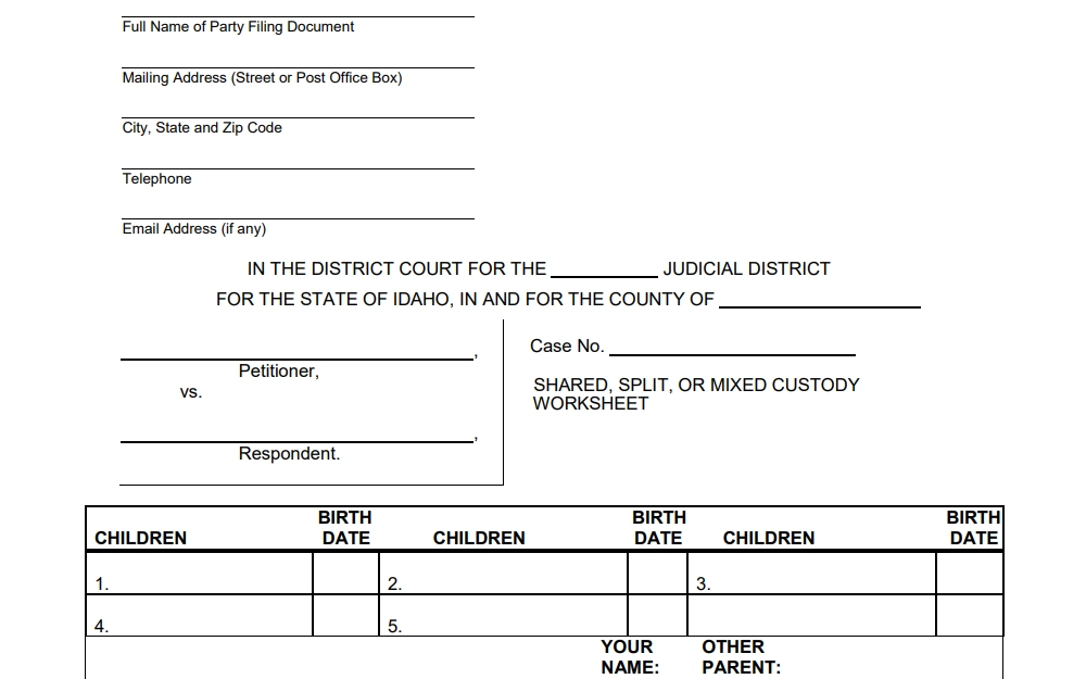 A screenshot of the split custody worksheet form showing the first part where fields about the filing party, case information, and children information are to be filled.