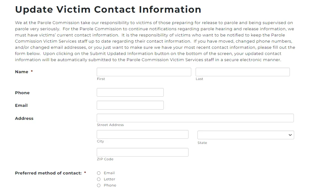 Screenshot of a part of the victim contact form, displaying an introductory note and fields regarding the victim or family of the victim's name, contact details, address, and preferred contact method.