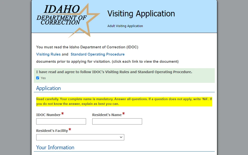 Screenshot of the first sections of the visiting application form from the Department of Correction, showing the links for IDOC visiting rules and standard operating procedure and required fields for resident's IDOC number, name, and facility.
