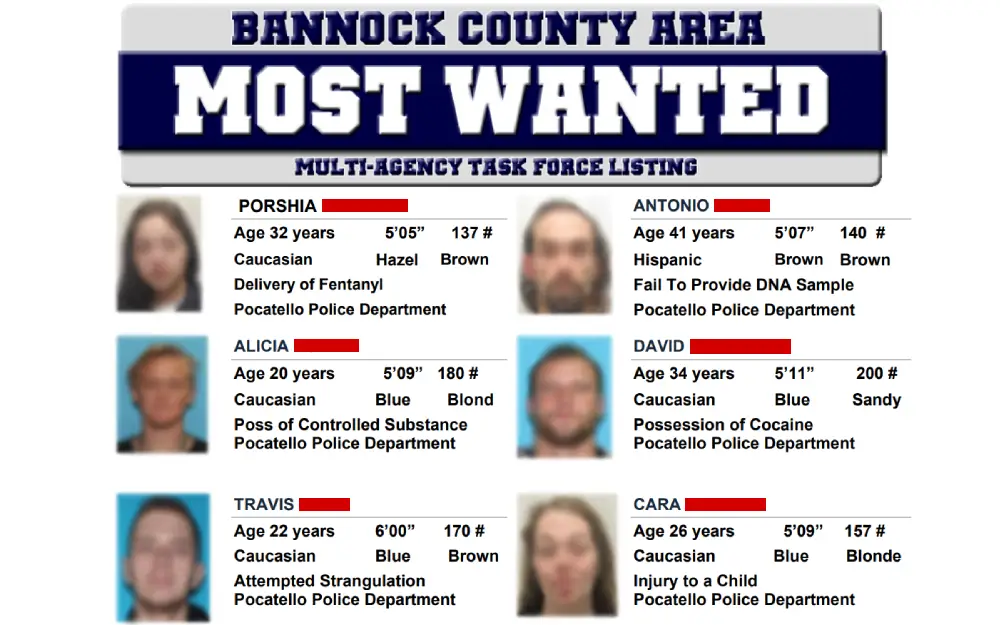 A screenshot from the Pocatello Police Department shows a bulletin from a Bannock County law enforcement agency highlighting a list of individuals, along with their photographs, ages, physical descriptions, and the offenses for which the local police departments seek them.