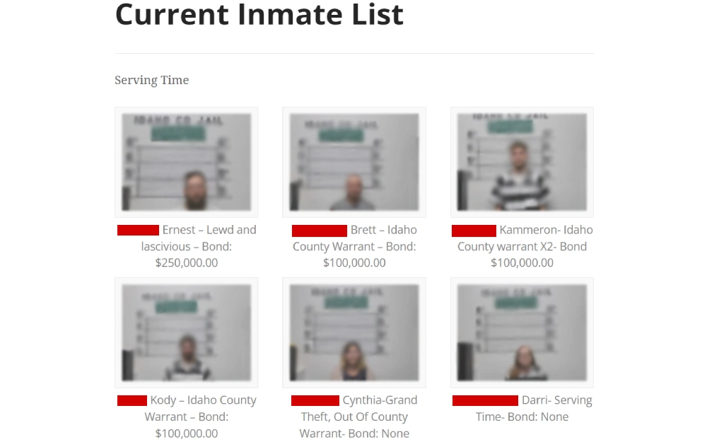 A screenshot from the Idaho County Sheriff’s Office featuring mugshots and basic information, including names, charges, and bond amounts for several individuals.