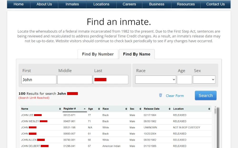 A screenshot from the Federal Bureau of Prisons features a list of incarcerated individuals with a common name, registration numbers, ages, races, sexes, release dates, and locations.