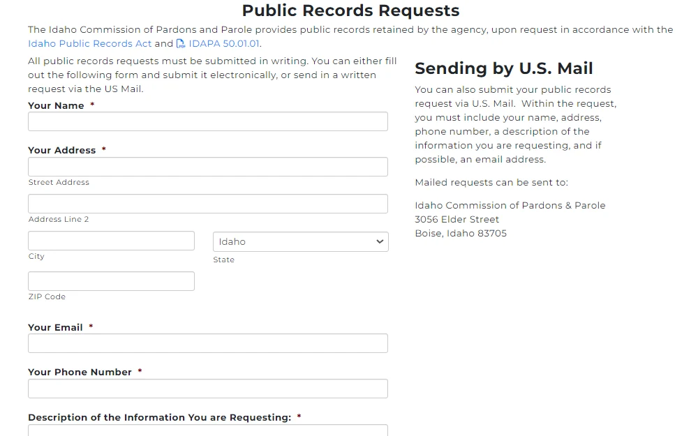 Screenshot of the online request form for public records provided by the Idaho Commission of Pardons and Parole displaying a text of instruction followed by the fields for name, address, contact information, and description of the requested information.