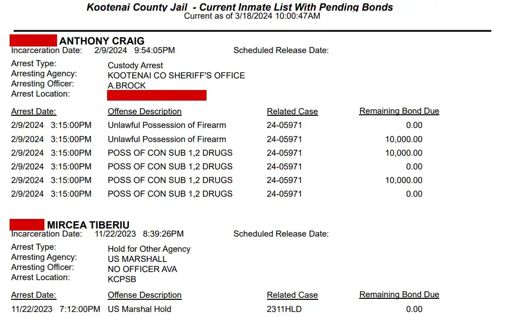 A screenshot displaying the current inmate list provided by the Kootenai County Sheriff's Office, listing the inmate's name, incarceration date, scheduled release date, arrest type, arresting agency, arresting officer, arrest location, arrest date, offense description, related case, and bonds.