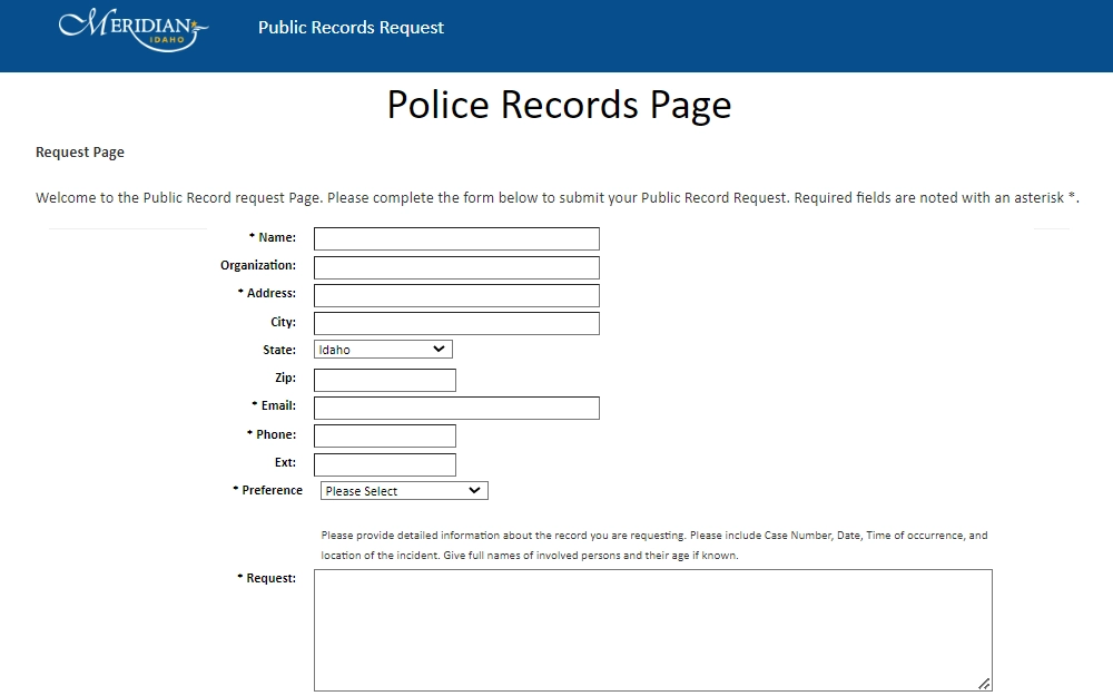 Screenshot of the police records request online form of Meridian Police Department, which requires the requester's name, address, contact information, retrieval method preference, and description of the request.