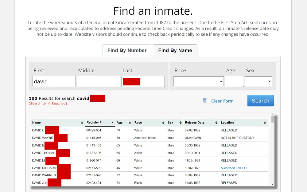 A screenshot showing a federal inmate locator provided by the Federal Bureau of Prisons with a sample result using a sample name to find an inmate by name.